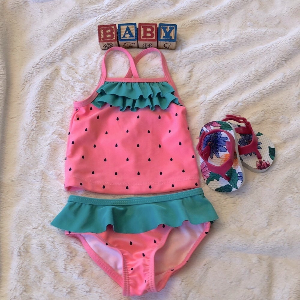 🏝Carter’s 2 piece baby Swimsuit+flip flops sz3M